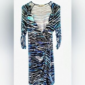 Vintage Surplice V-Neck Faux Wrap Zebra Tiger Blues, Black, White. Sz. L.